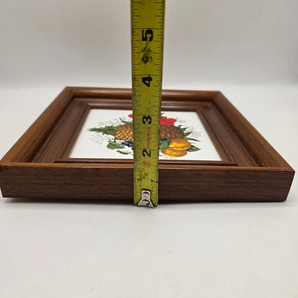 Vintage Fruit Still Life Framed Ceramic Tile Art Pineapple Brown Wood MCM Decor